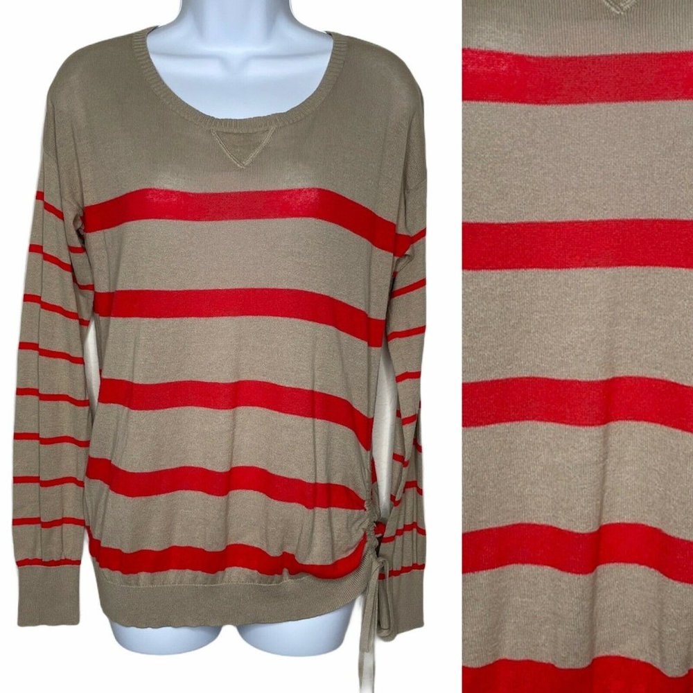 DKNY Wms Sz M? Striped Knit Blouse Beige and Red Side Tie Cinch Long Sleeve